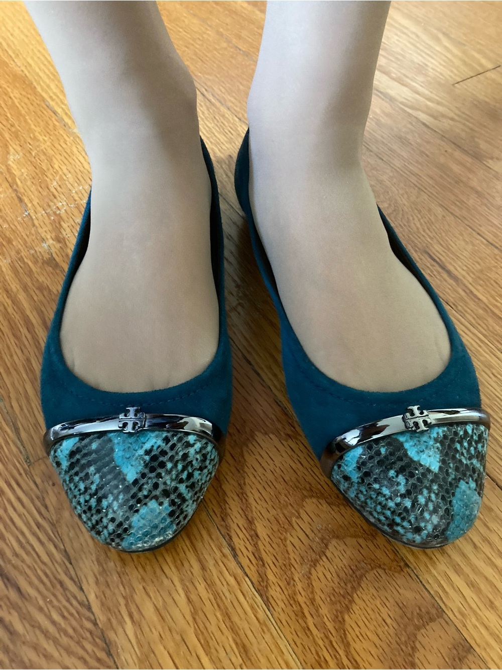 Sz 7 Tory Burch Pacey Driver Ballet Teal Deep Sea Blue Suede Flats Snakeskin-Toe